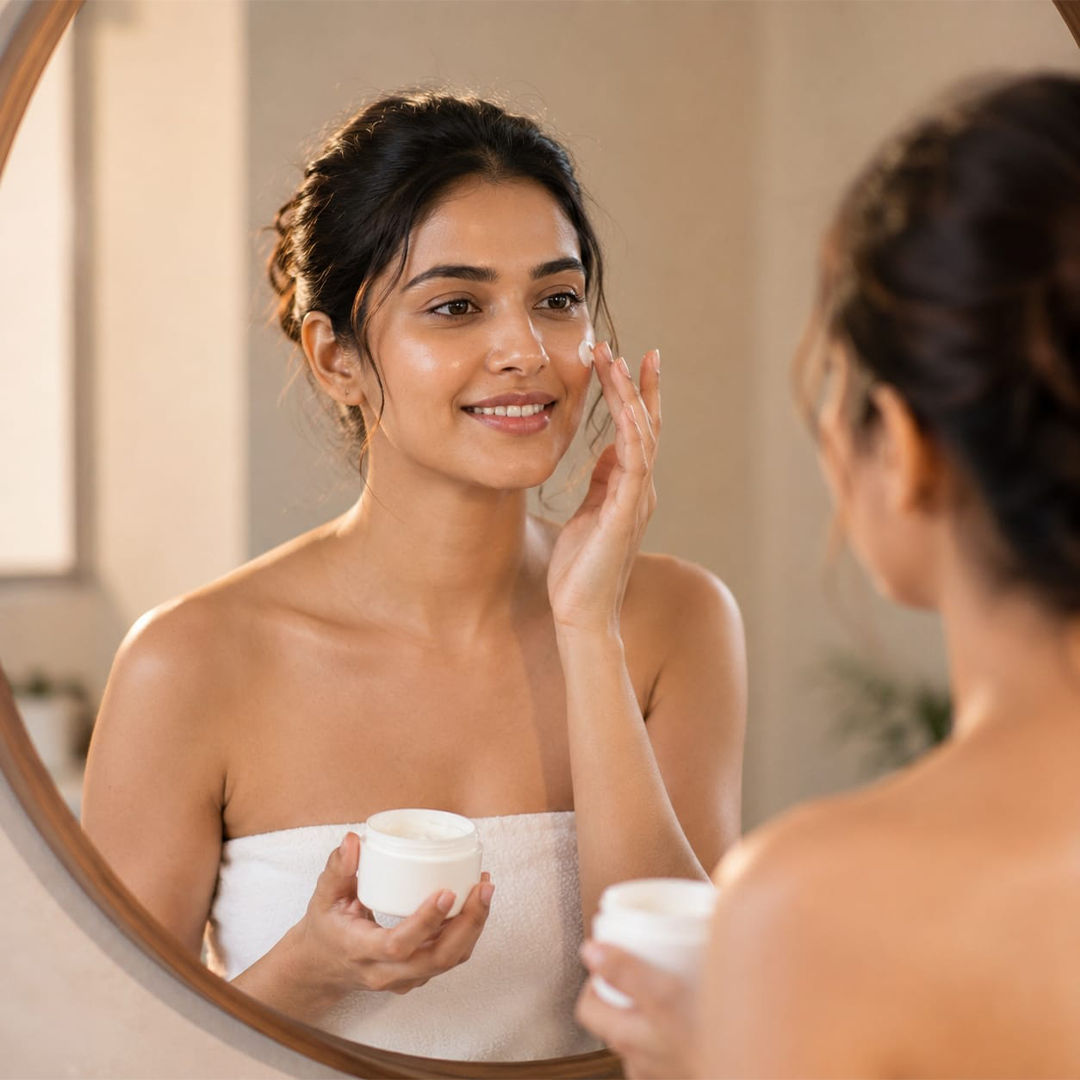 Woman applying brightening face cream